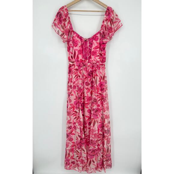Lulus Sensationally Sweeter Floral Ruffled Maxi Dress Lace Up Backless, Pink NWT - Picture 9 of 12